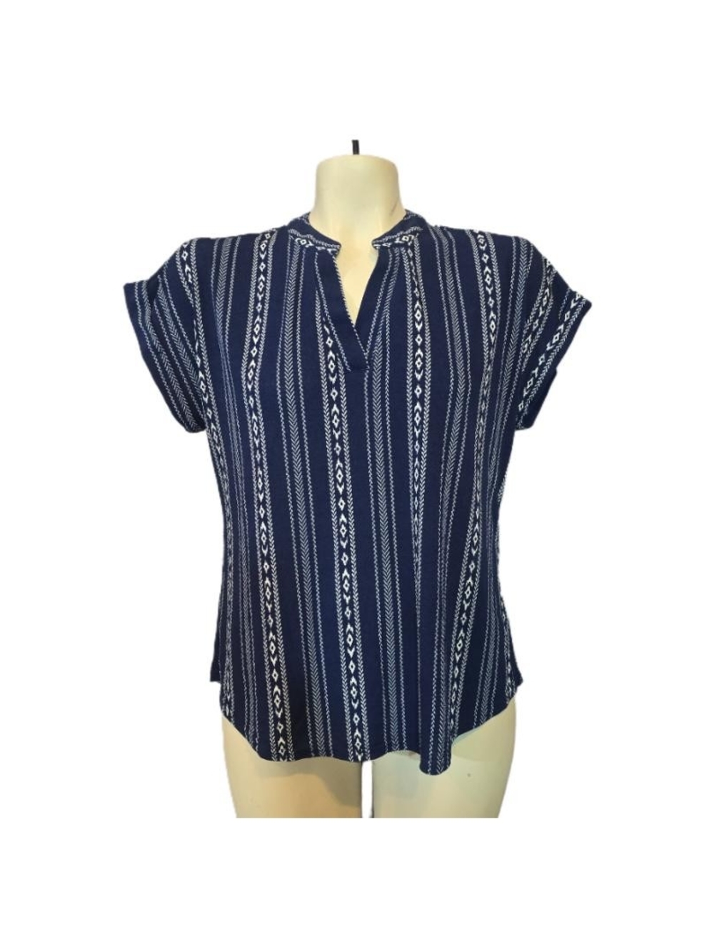 Fifty Street Navy Vertical Stripe Split-Neck Short Sleeve Tunic Size Small